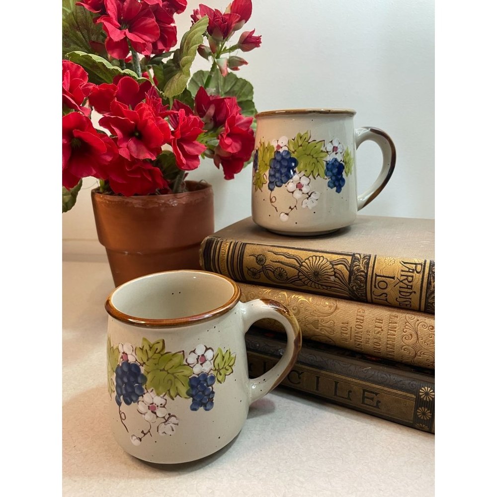 Vintage Norleans Coffee Tea Mugs  Flowers Grape Made in Korea PAIR